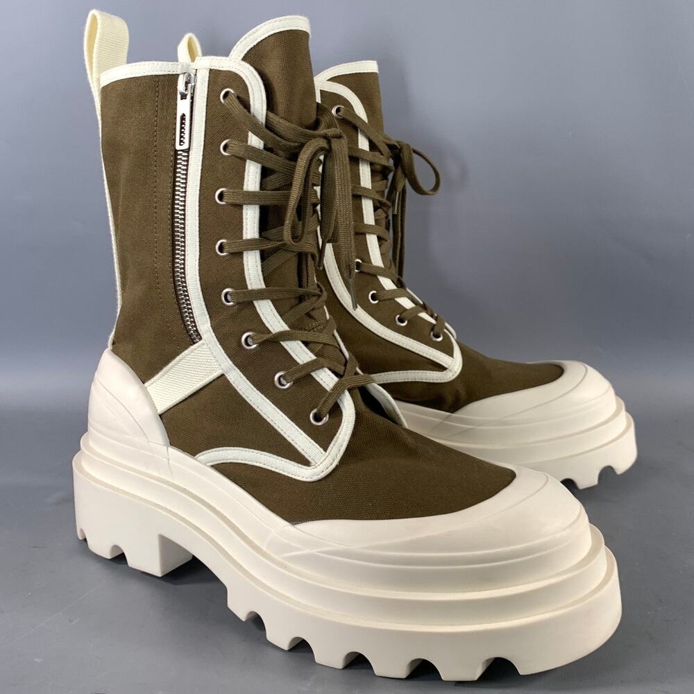 BOTTEGA VENETA Size 13.5 Green Cream Canvas Ankle Boots